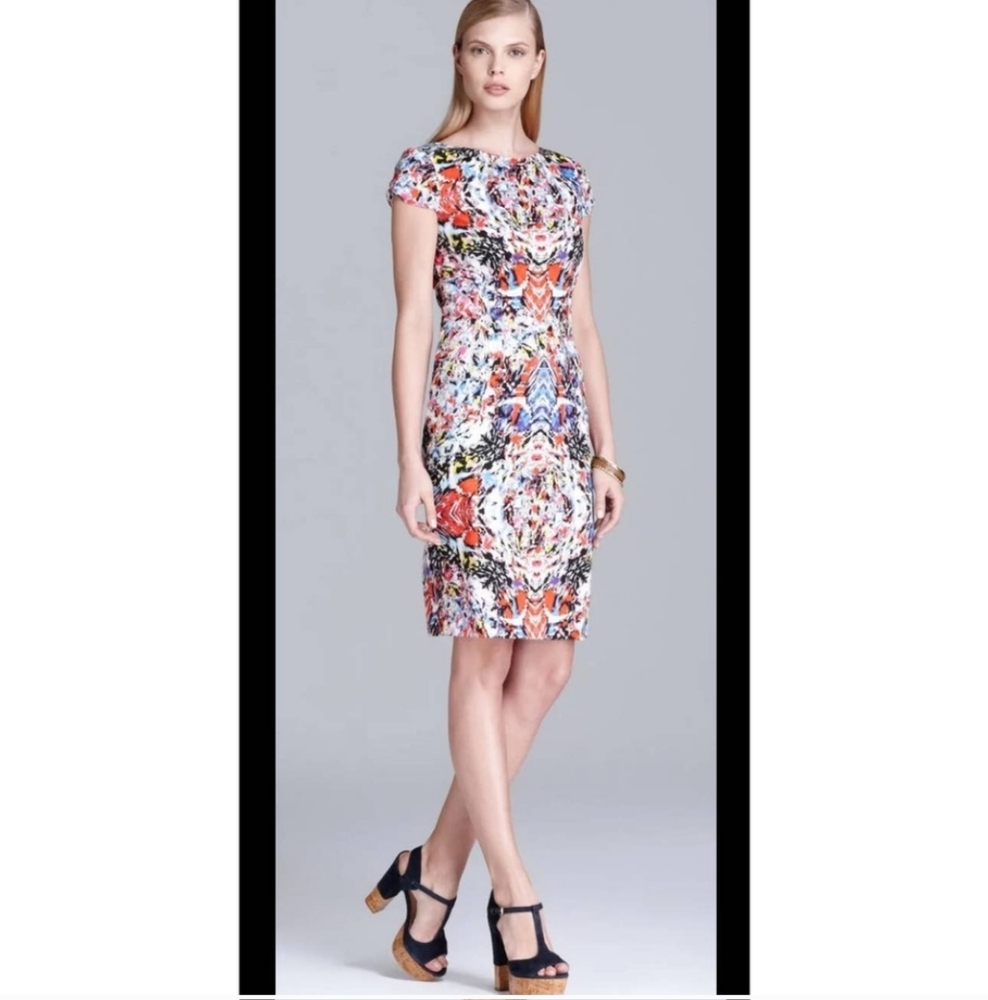 T Tahari Skyler Multicolor Kaleidoscope Cap Sleeve Sheath Mini Dress Sz 4 Office